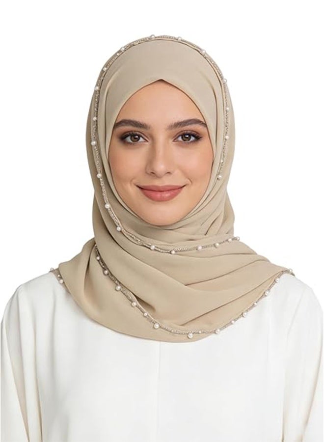 حجاب أنيق مزين بالخرز واللؤلؤ للنساء، مصنوع من الشيفون الحريري، حجاب إسلامي جاهز للاستخدام، غطاء رأس، شال طويل - Image 1